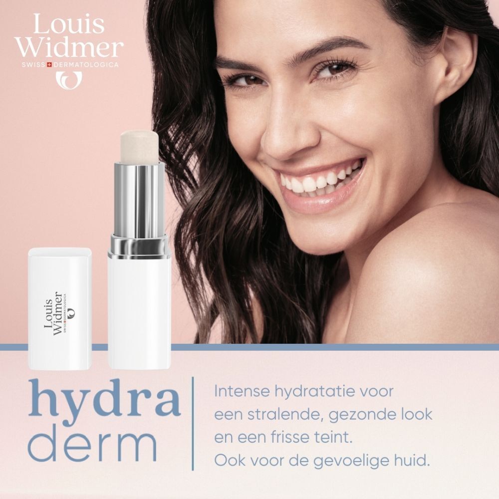 Louis Widmer Hydraderm Stick UV15. Verpakking met productinfo. Zwitserse vlag. 4,5ml.