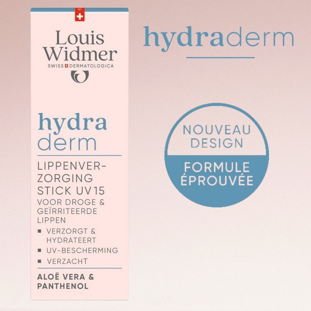 Louis Widmer Hydraderm Stick UV15. Boîte avec informations produit. Drapeau suisse. 4,5ml.