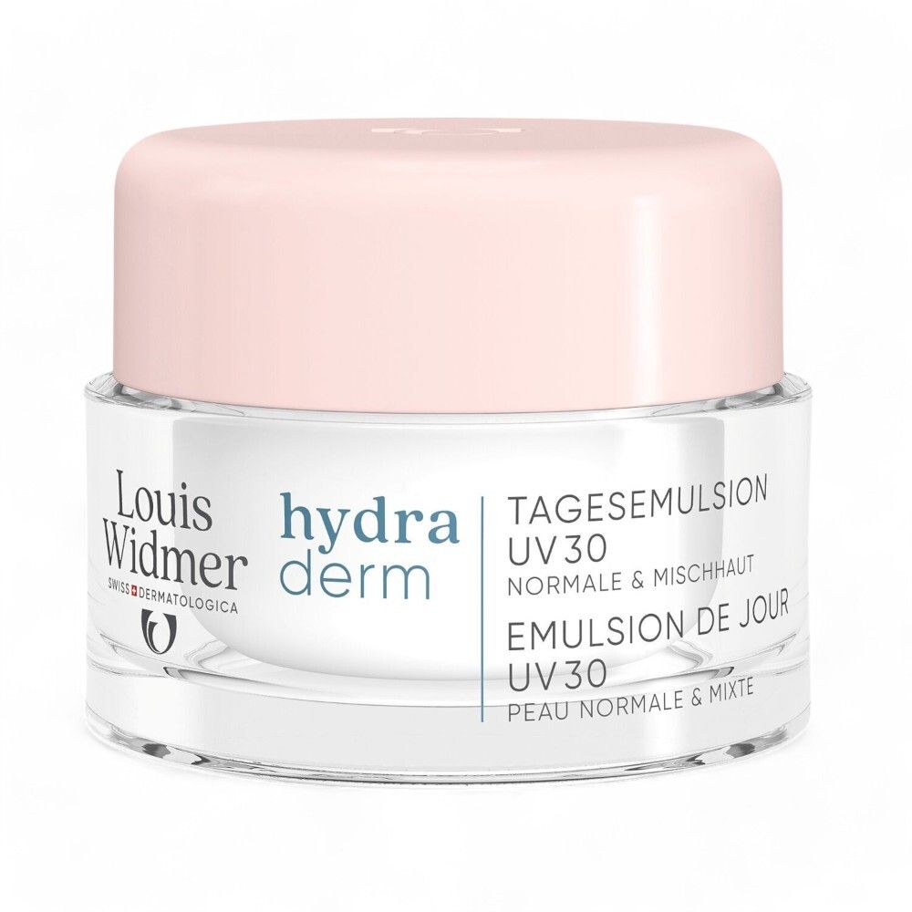 Crèmepot met roze deksel. Opschrift: Louis Widmer hydraderm. UV 30.