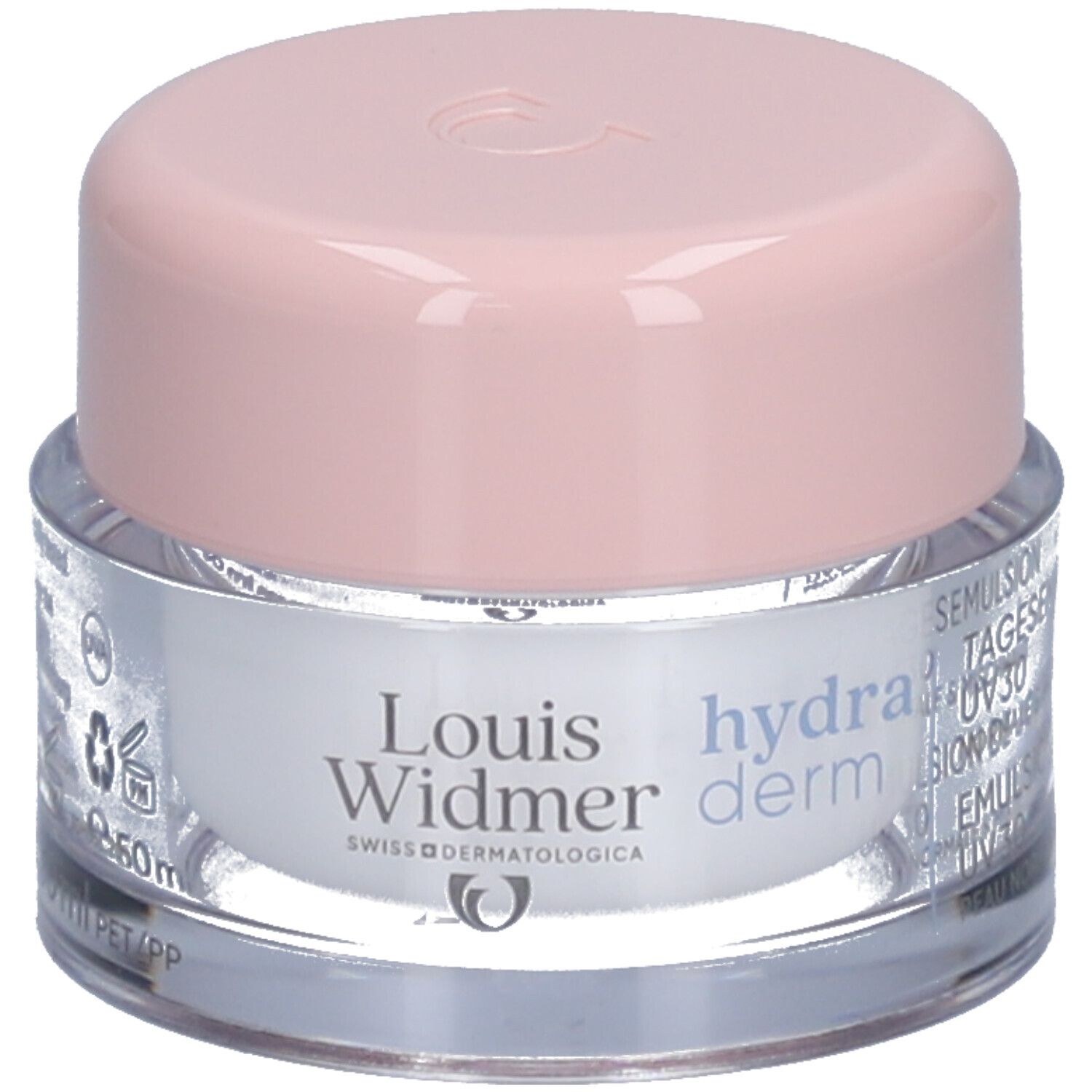Crèmepot met roze deksel. Opschrift: Louis Widmer hydraderm. UV 30.