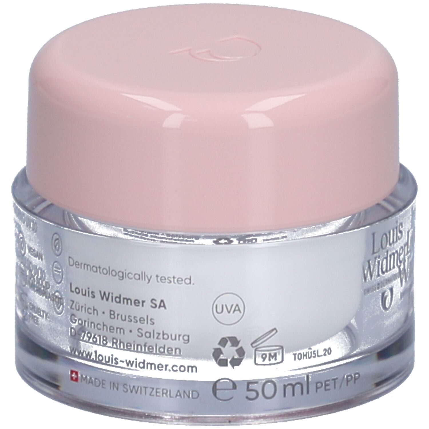 Crèmepot met roze deksel. Opschrift: Louis Widmer. 50ml. Dermatologisch getest.