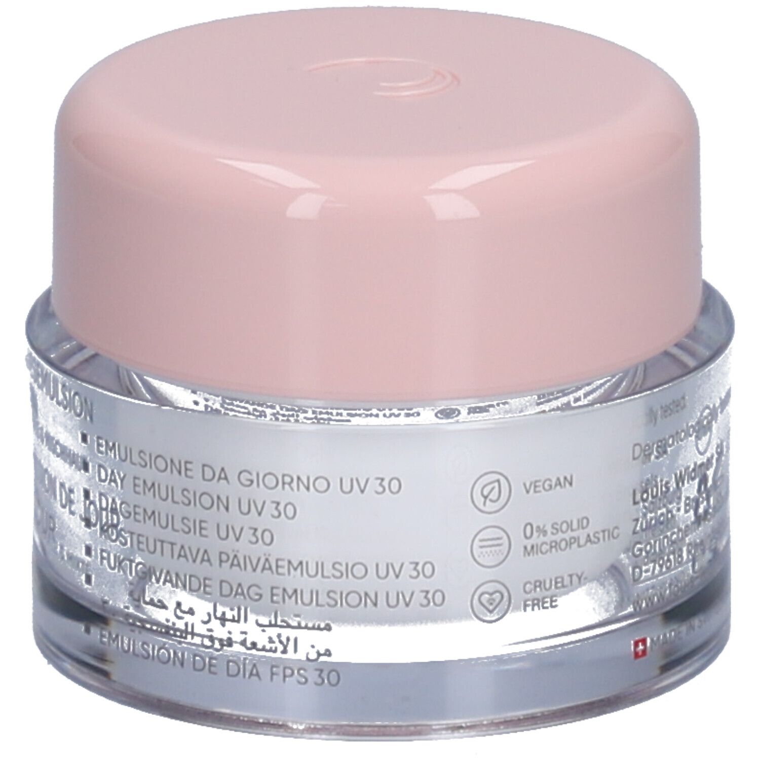 Crèmepot met roze deksel. Opschrift: Dag-emulsie UV 30. Vegan, 0% microplastic.
