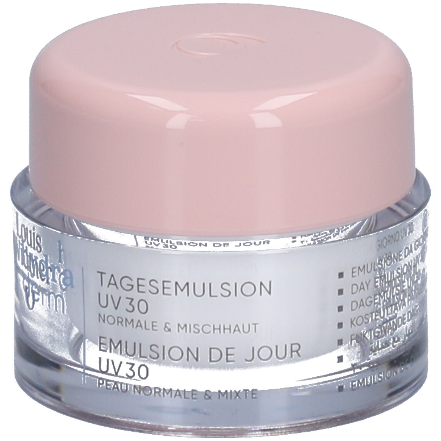 Crèmepot met roze deksel. Opschrift: Dag-emulsie UV30. Normale & gemengde huid.