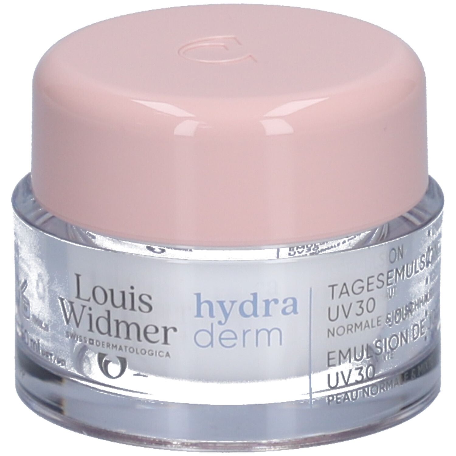 Crèmepot met roze deksel. Opschrift: Louis Widmer hydraderm. UV 30.