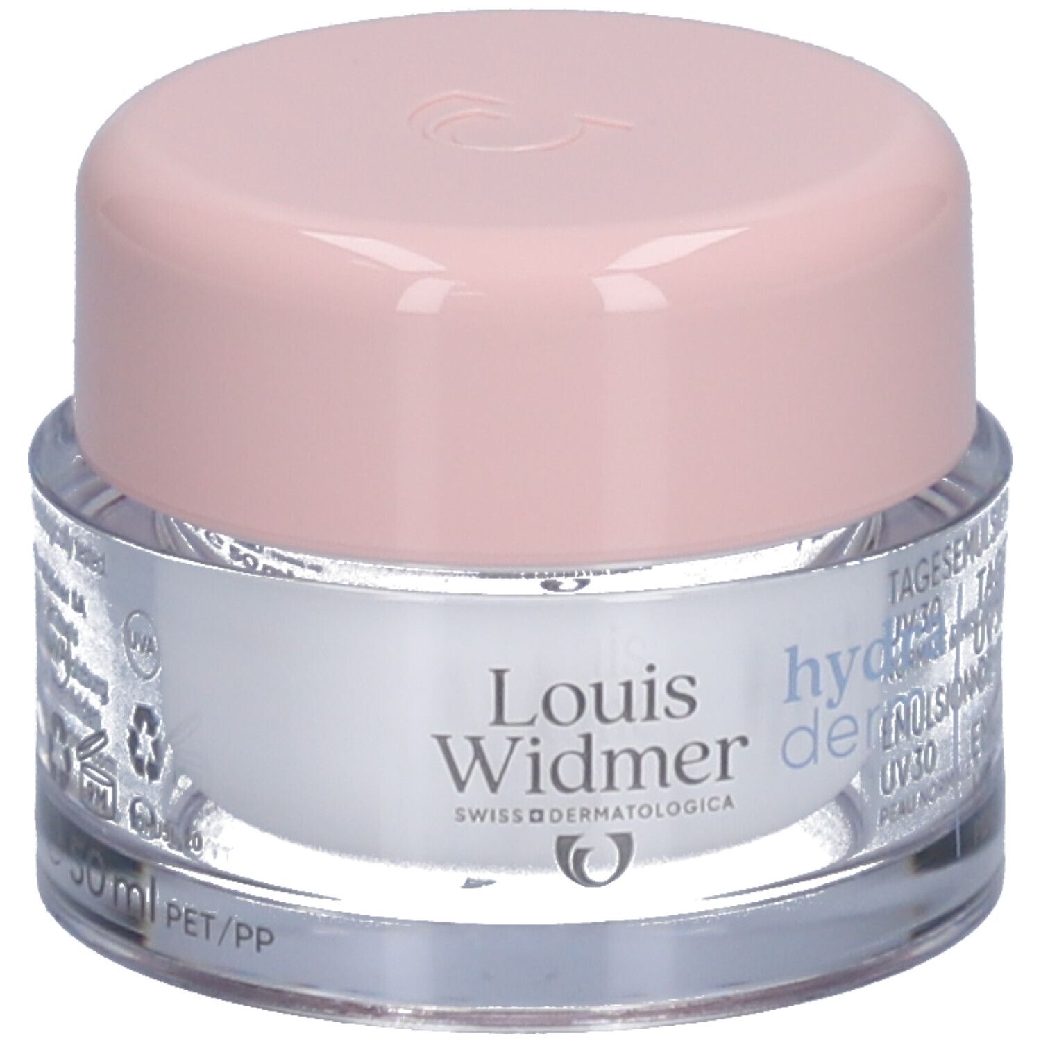 Crèmepot met roze deksel. Opschrift: Louis Widmer hydraderm. UV 30. 50ml.