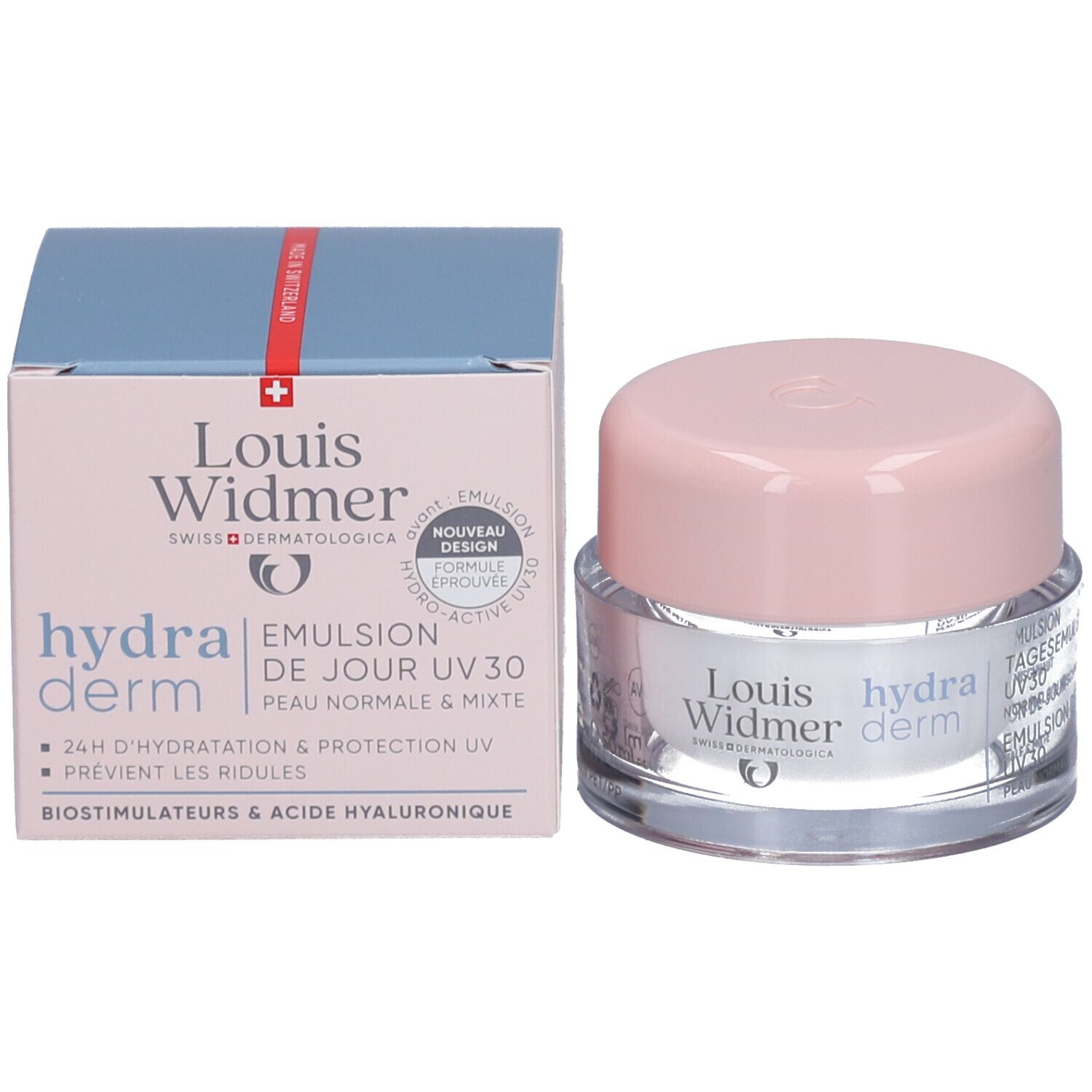 Crèmepot en doos. Opschrift: Louis Widmer hydraderm. Dag-emulsie UV 30.