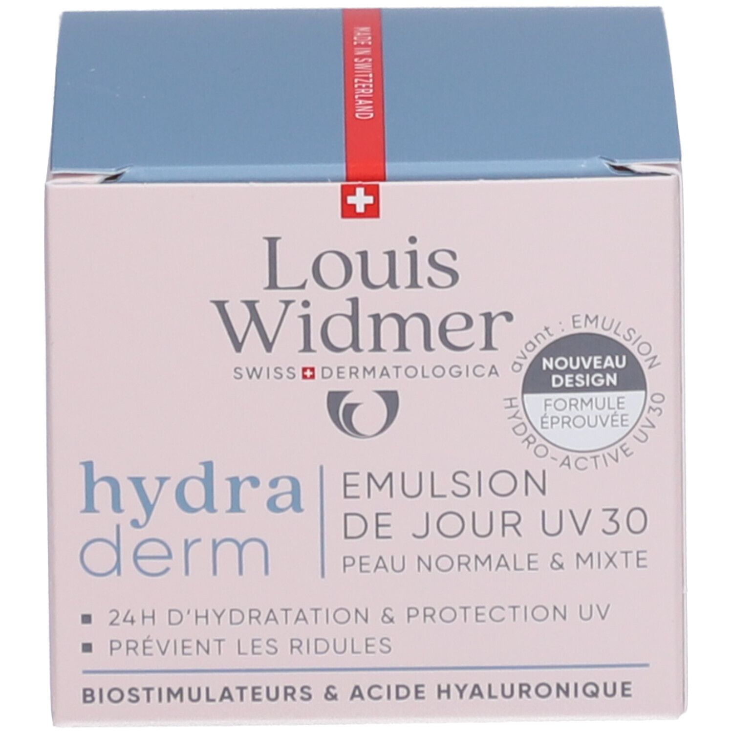 Doos. Opschrift: Louis Widmer hydraderm. Dag-emulsie UV 30. Nieuw.