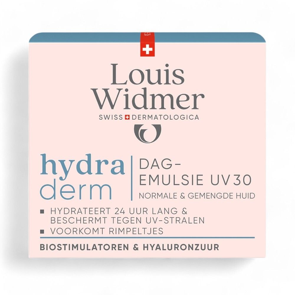 Doos. Opschrift: Louis Widmer hydraderm. Dag-emulsie UV 30. Normale & gemengde huid.