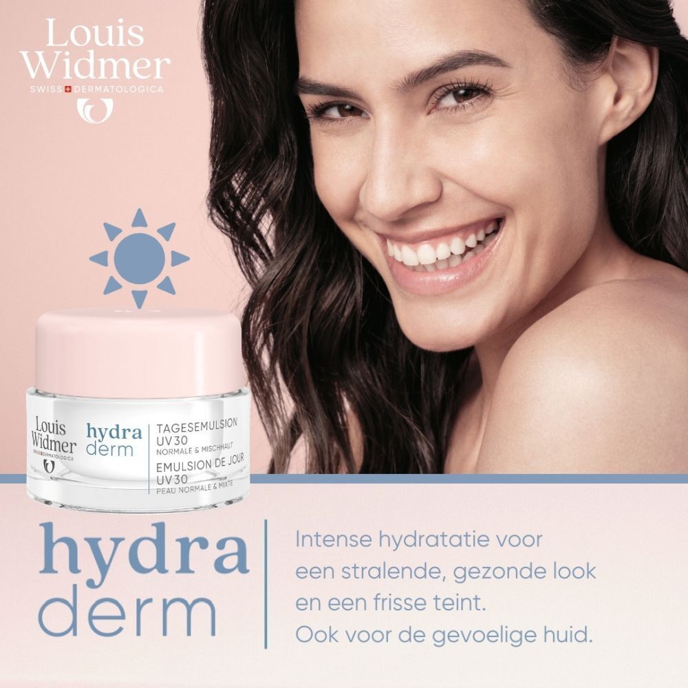 Doos. Opschrift: Louis Widmer hydraderm. Dag-emulsie UV 30. Normale & gemengde huid.
