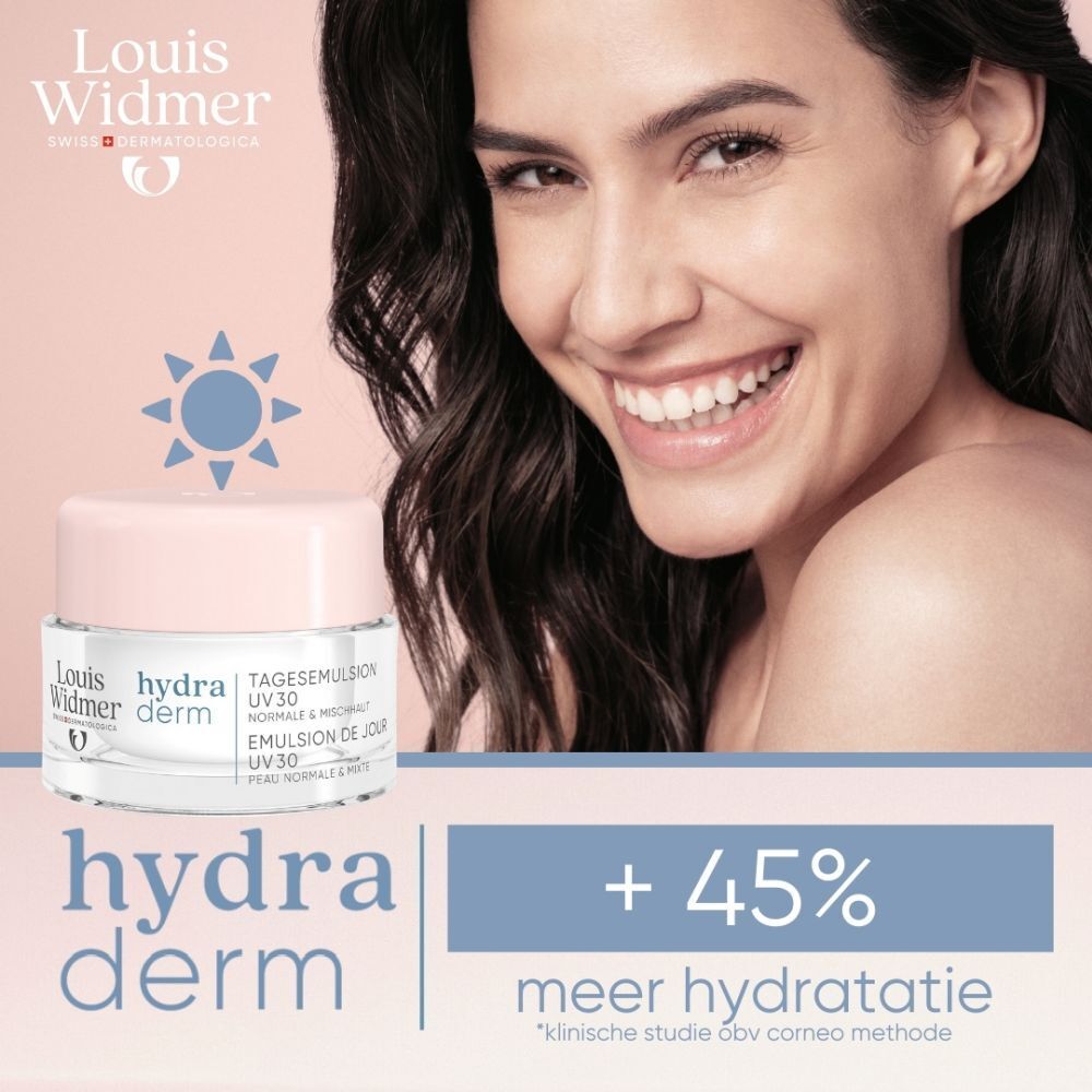 Doos. Opschrift: Louis Widmer hydraderm. Dag-emulsie UV 30. Normale & gemengde huid.