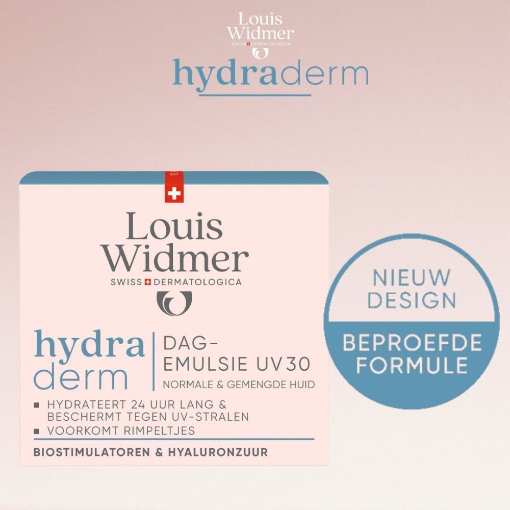 Doos. Opschrift: Louis Widmer hydraderm. Dag-emulsie UV 30. Normale & gemengde huid.
