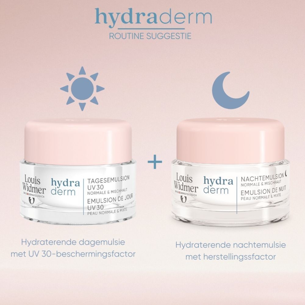 Doos. Opschrift: Louis Widmer hydraderm. Dag-emulsie UV 30. Normale & gemengde huid.