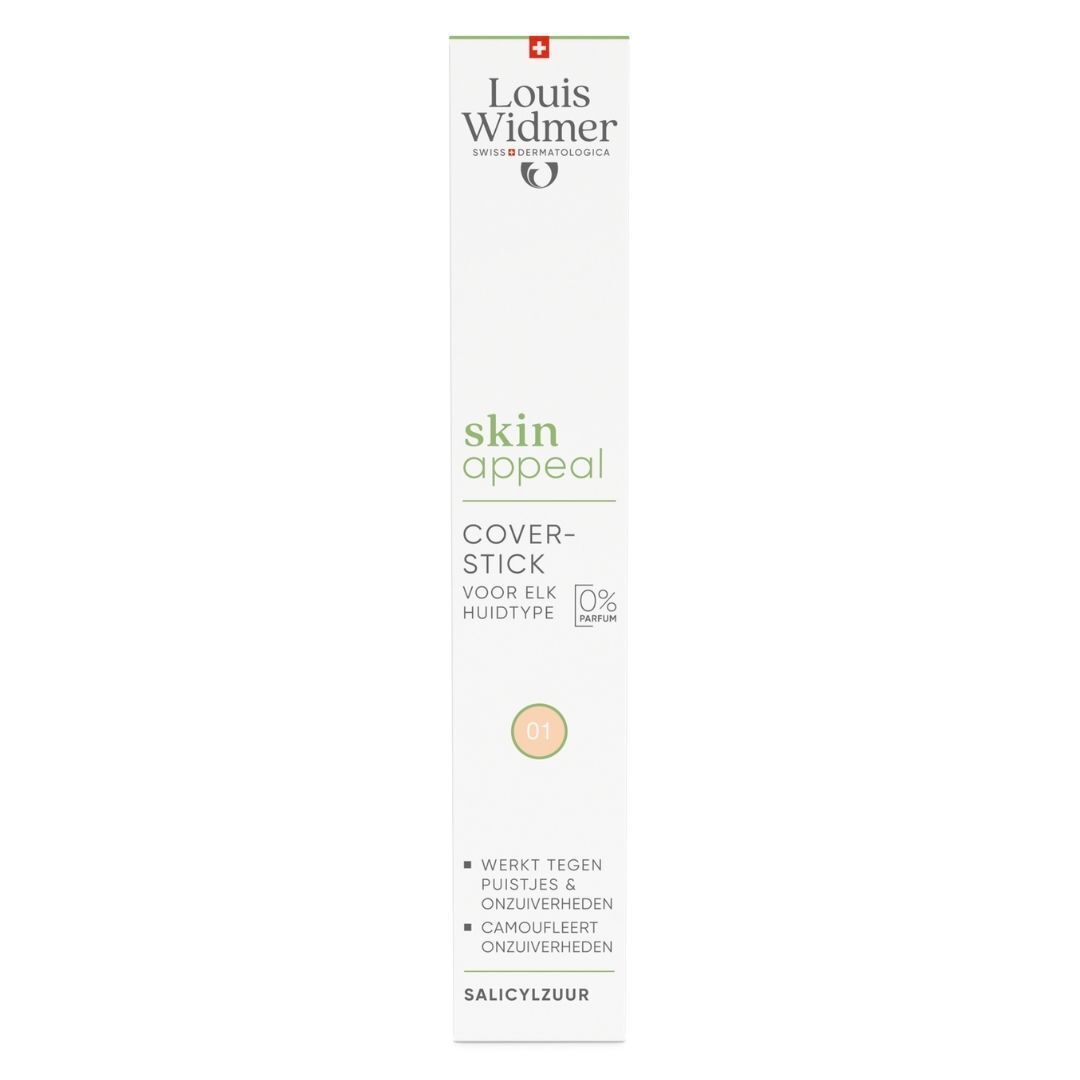 Emballage du Cover-Stick Skin Appeal de Louis Widmer. Boîte blanche avec image du produit et inscriptions. 0% Parfum.