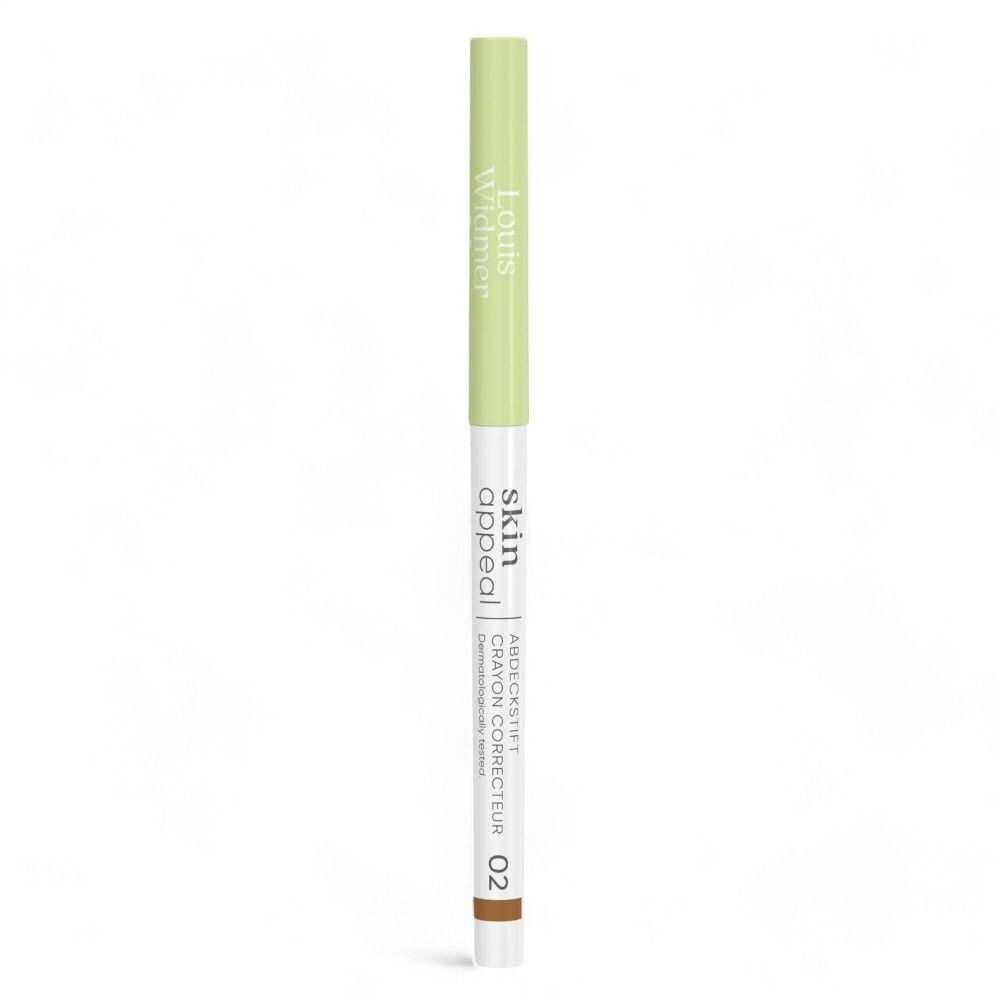 Louis Widmer Skin Appeal Coverstick 02. Groene stift met witte schacht. Kleur concealer: beige.