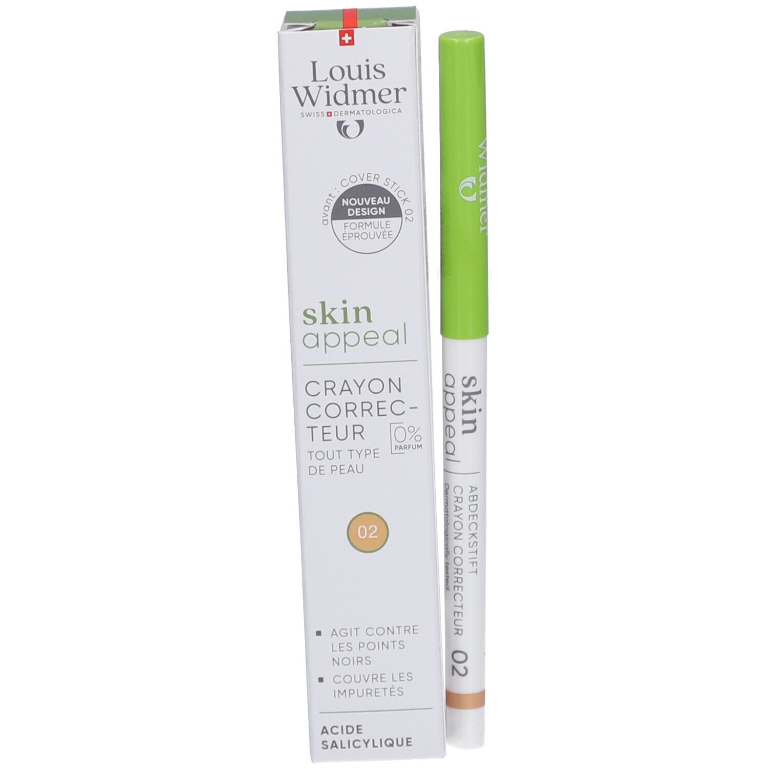 Louis Widmer Skin Appeal Coverstick 02 en verpakking. Witte verpakking met productnaam en groene stift. Kleur concealer: beige.