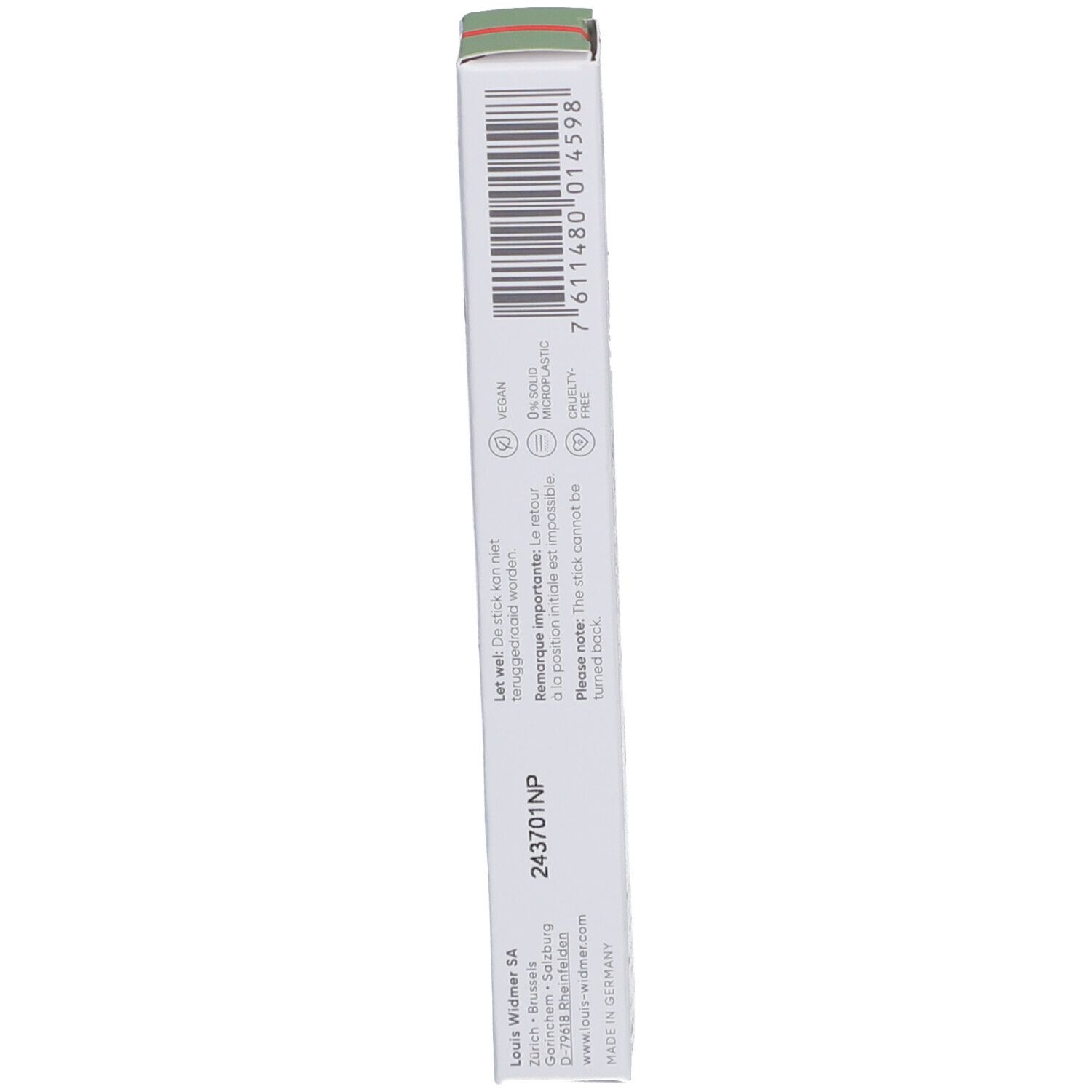 Achterkant van de verpakking van de Louis Widmer Skin Appeal Coverstick 02. Barcode, productinformatie en logo's.