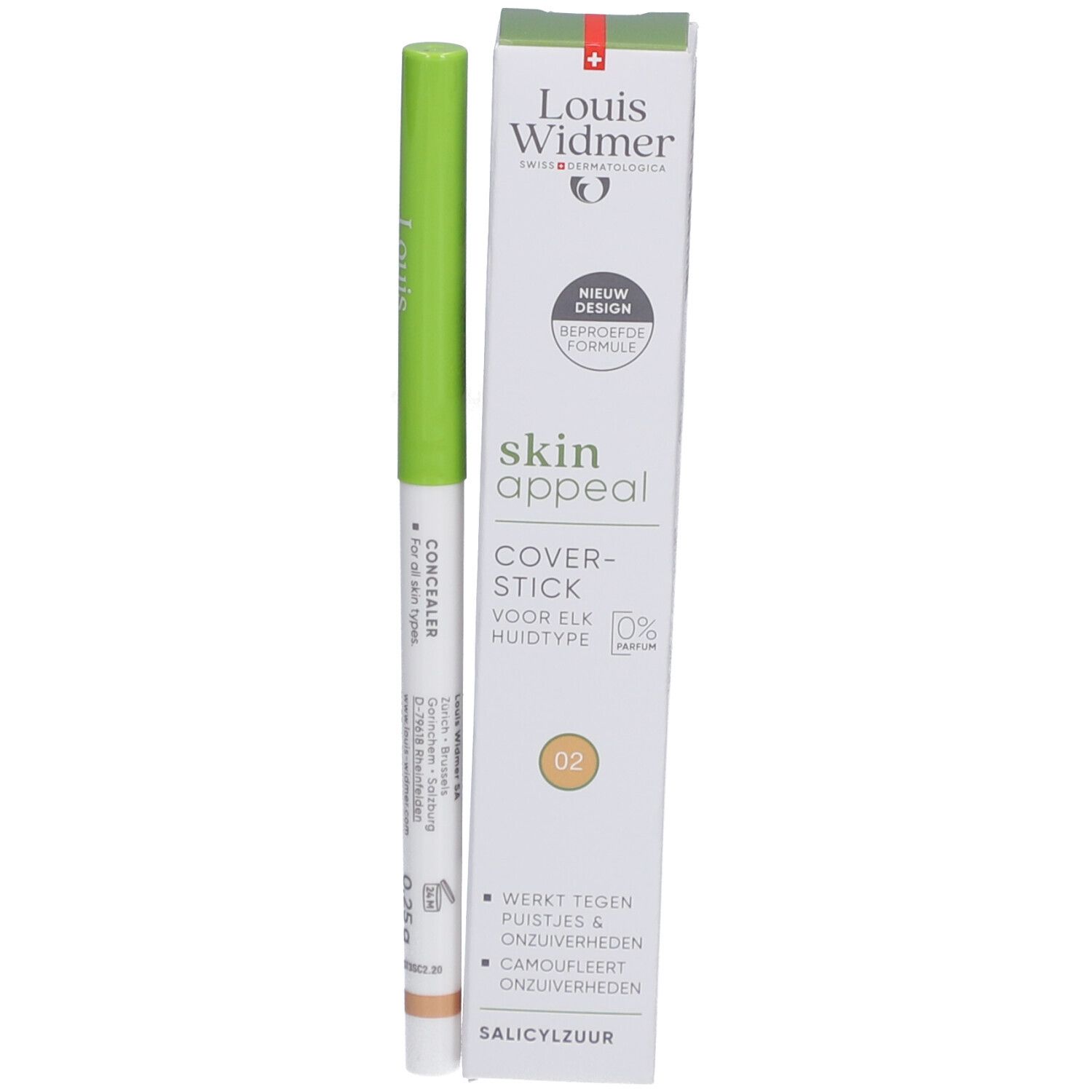 Louis Widmer Skin Appeal Coverstick 02 en verpakking. Witte verpakking met productnaam en groene stift. Kleur concealer: beige.