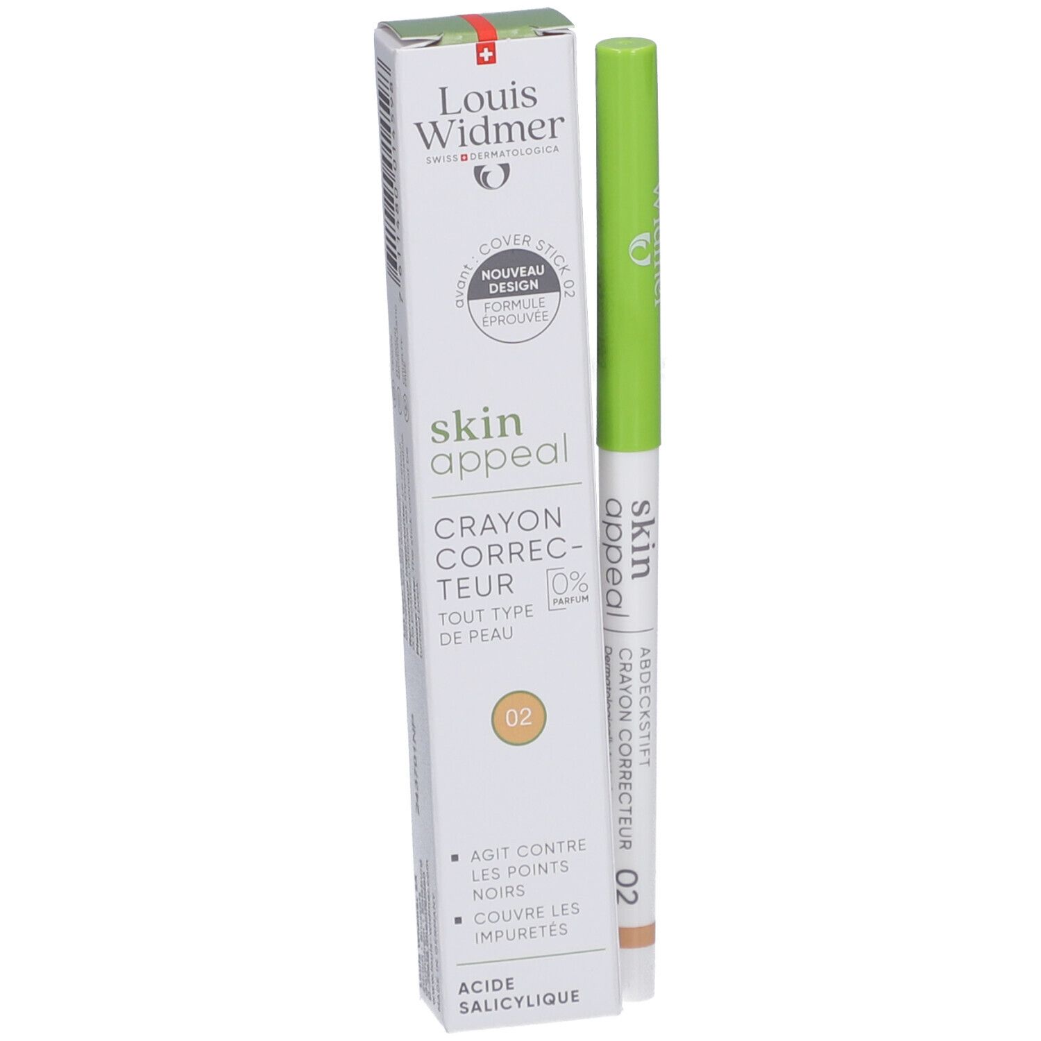 Louis Widmer Skin Appeal Coverstick 02 en verpakking. Witte verpakking met productnaam en groene stift. Kleur concealer: beige.