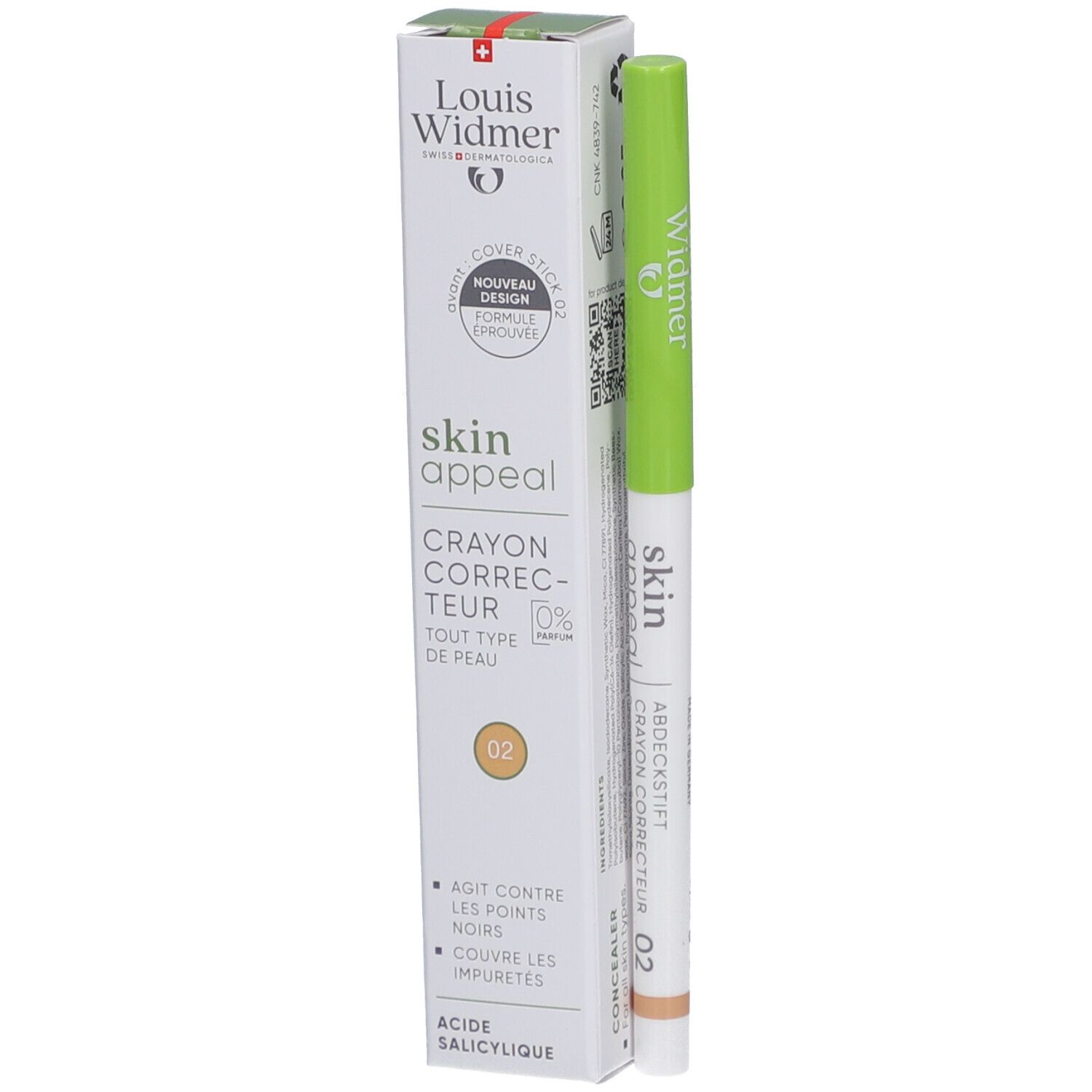 Louis Widmer Skin Appeal Coverstick 02 en verpakking. Witte verpakking met productnaam en groene stift. Kleur concealer: beige.