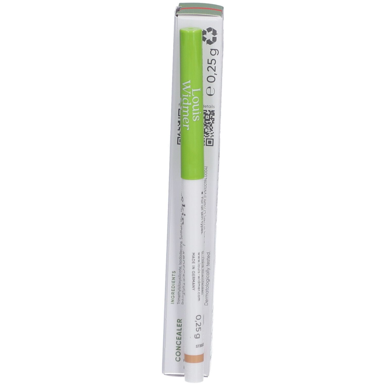 Louis Widmer Skin Appeal Coverstick 02. Groene stift met witte schacht. Kleur concealer: beige. Gewicht: 0,25g.
