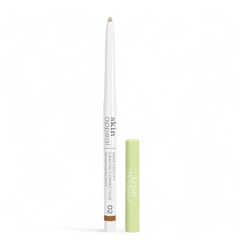 Louis Widmer Skin Appeal Coverstick 02. Concealer in beige, met groene dop. Witte schacht met productnaam.