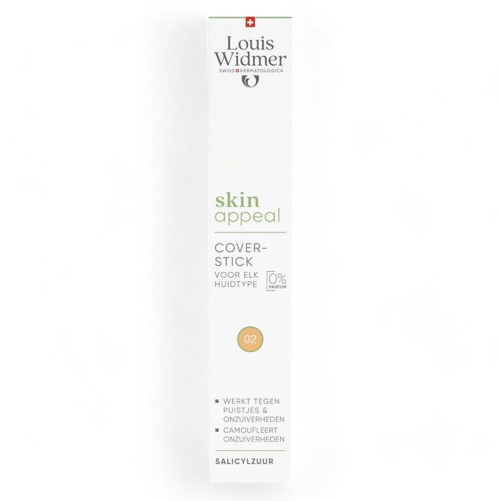 Louis Widmer Skin Appeal Coverstick 02 en verpakking. Witte verpakking met productnaam.