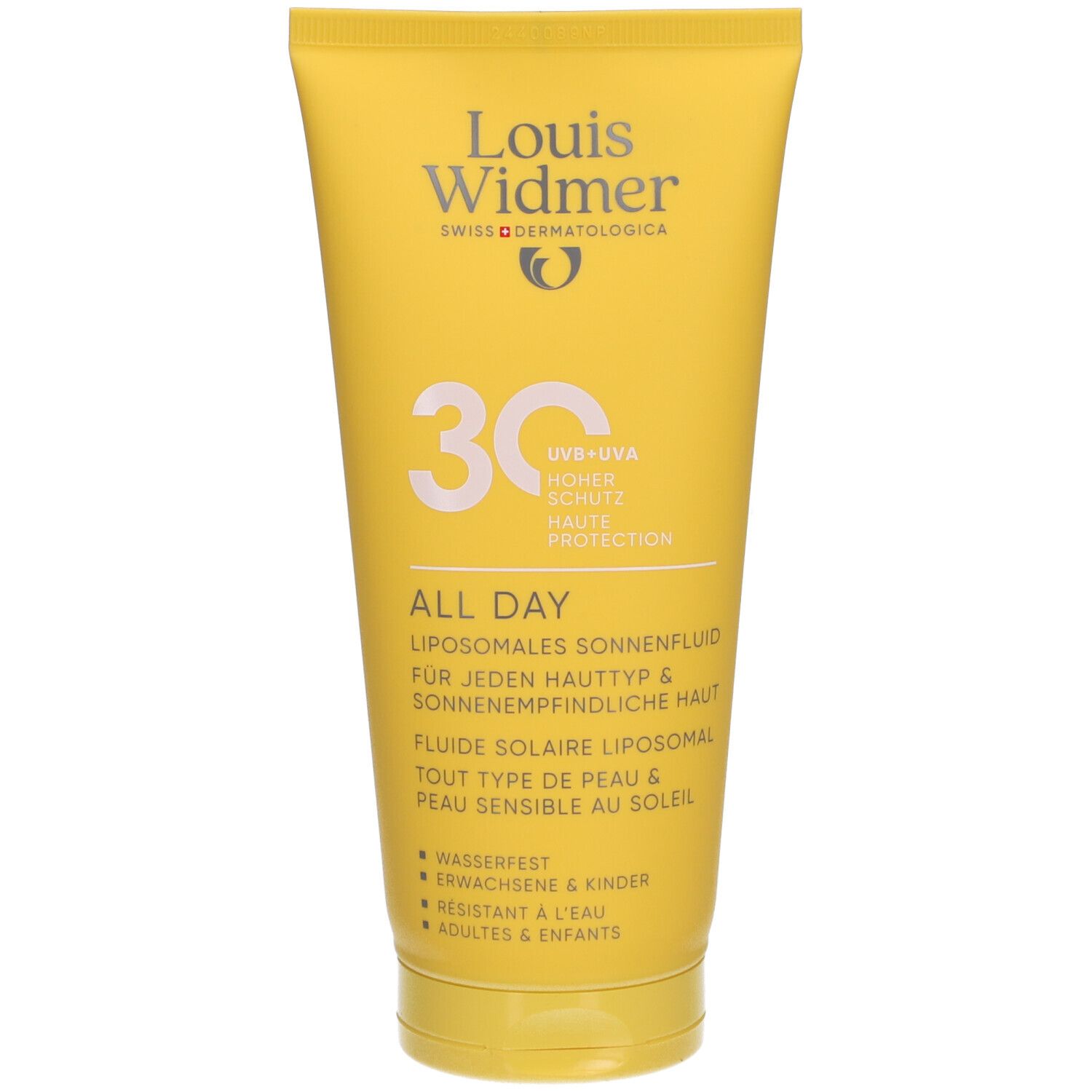 Gelbe Tube mit Sonnencreme. Aufschrift: Louis Widmer, 30, All Day, für jeden Hauttyp, wasserfest.