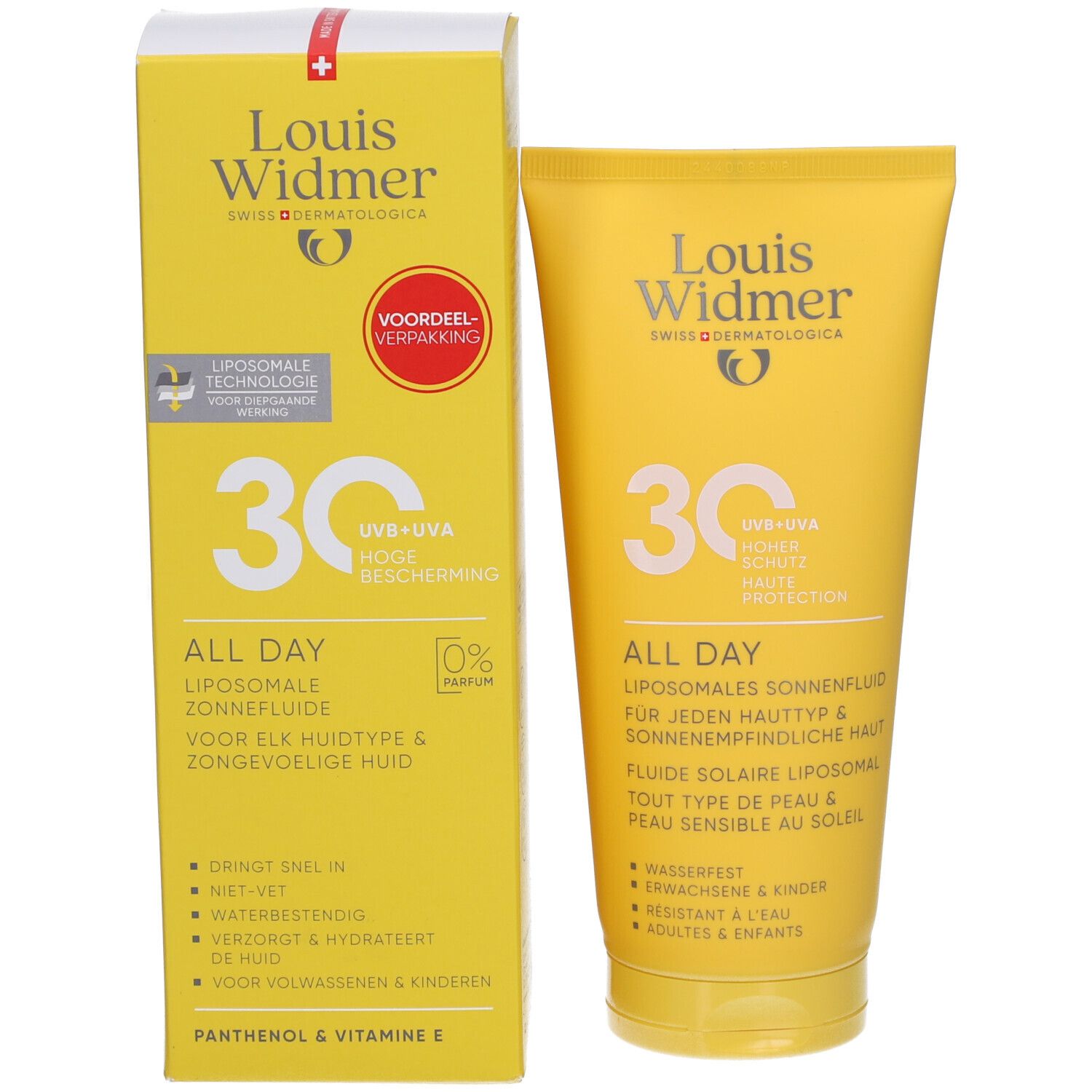 Gelbe Schachtel und Tube. Aufschrift: Louis Widmer, 30, All Day, für jeden Hauttyp. Mit Vorteil-Verpackung.