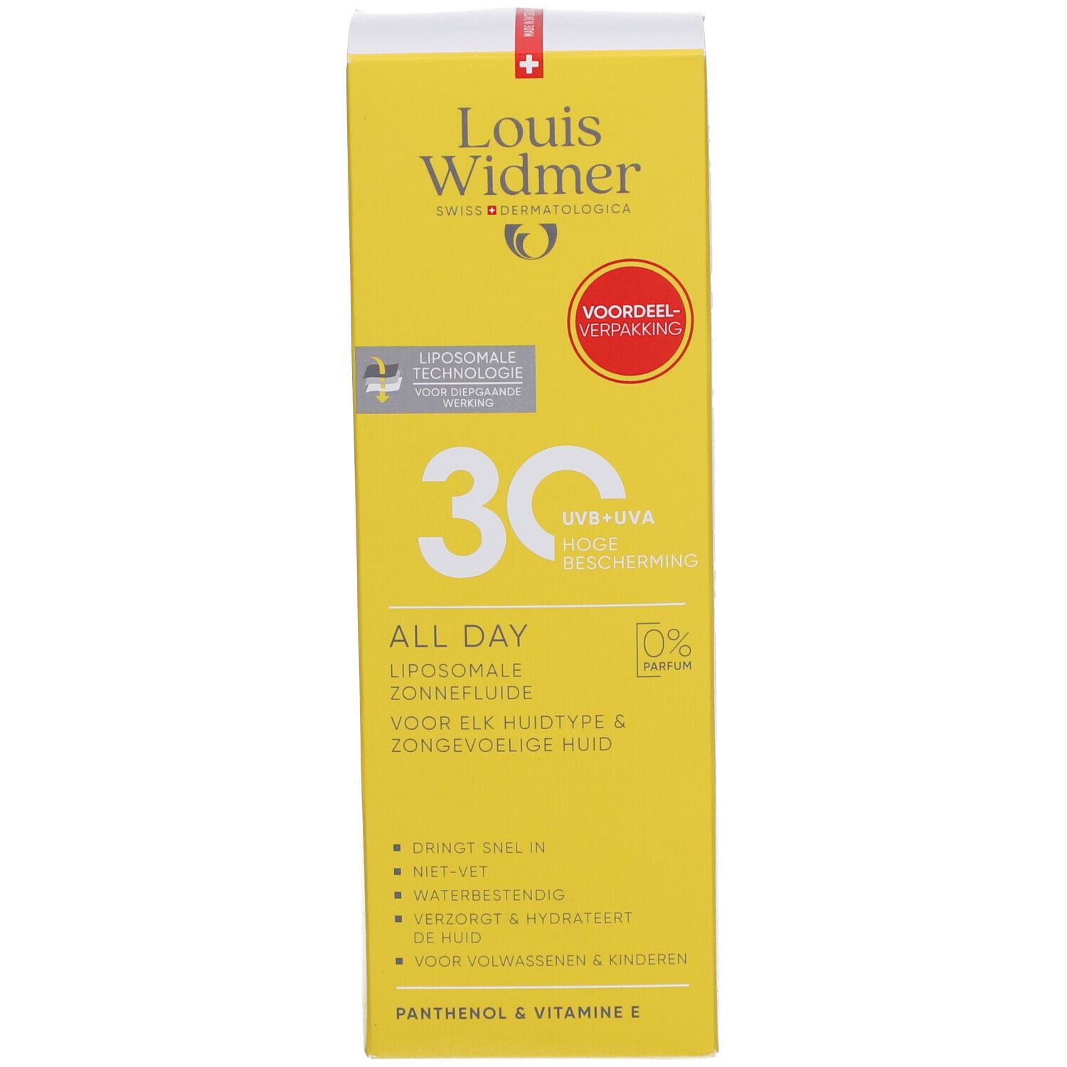 Gelbe Schachtel. Aufschrift: Louis Widmer, 30, All Day, für jeden Hauttyp. Mit Vorteil-Verpackung.