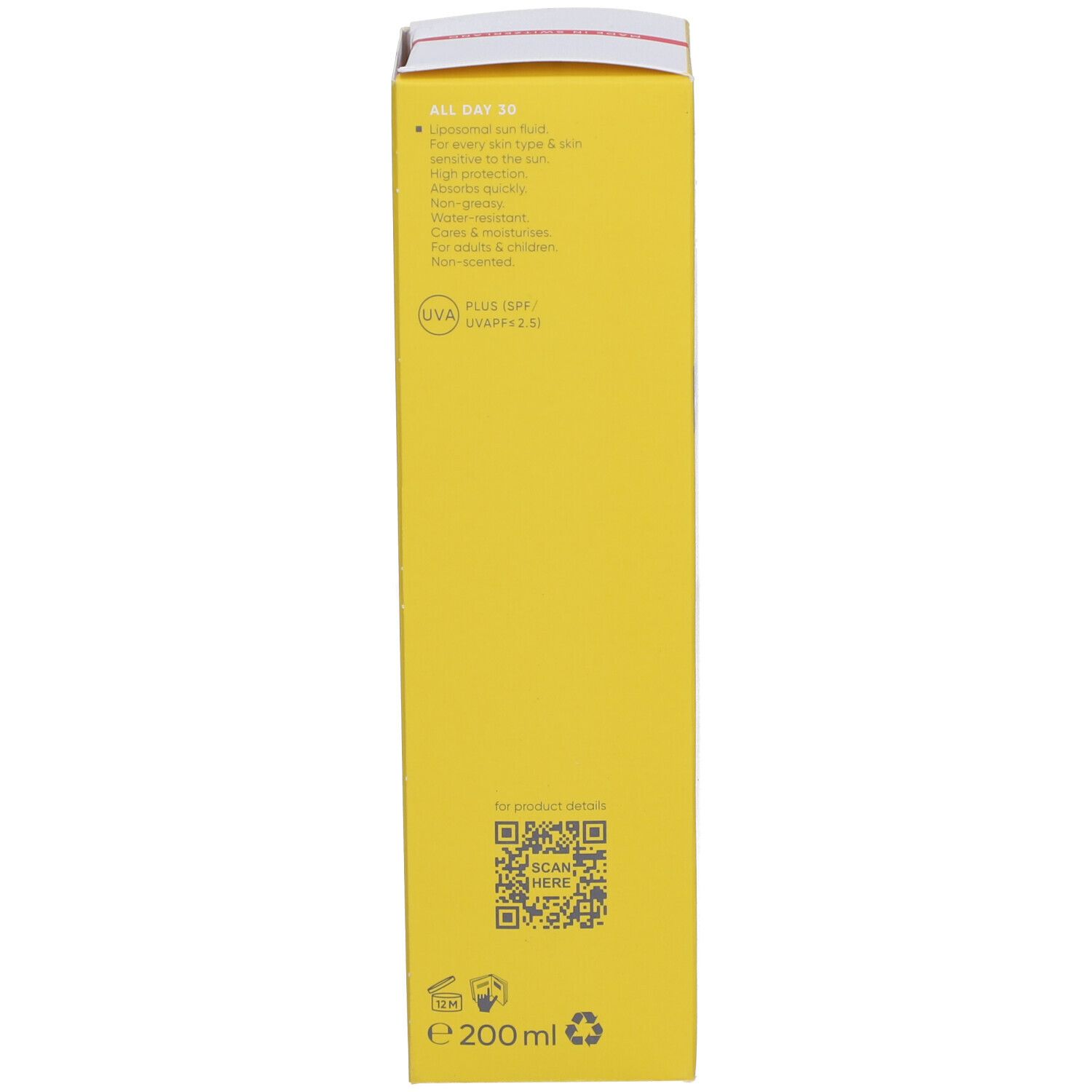 Gelbe Schachtel, Seitenansicht. Text: All Day, für jeden Hauttyp, 200 ml. Mit QR-Code.