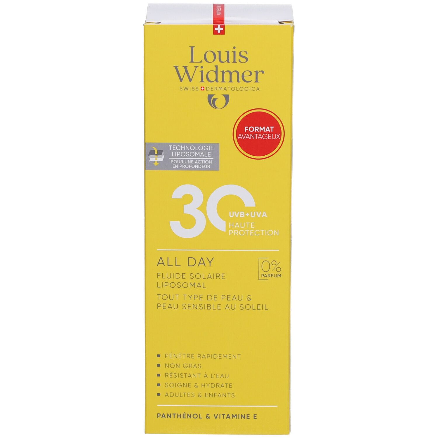 Gelbe Schachtel. Aufschrift: Louis Widmer, 30, All Day, für jeden Hauttyp. Mit Format Avantageux.