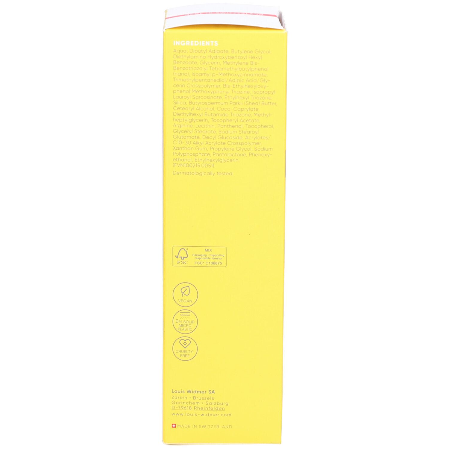 Gelbe Schachtel, Rückseite. Text: Inhaltsstoffe, Zertifizierungen, Logos.