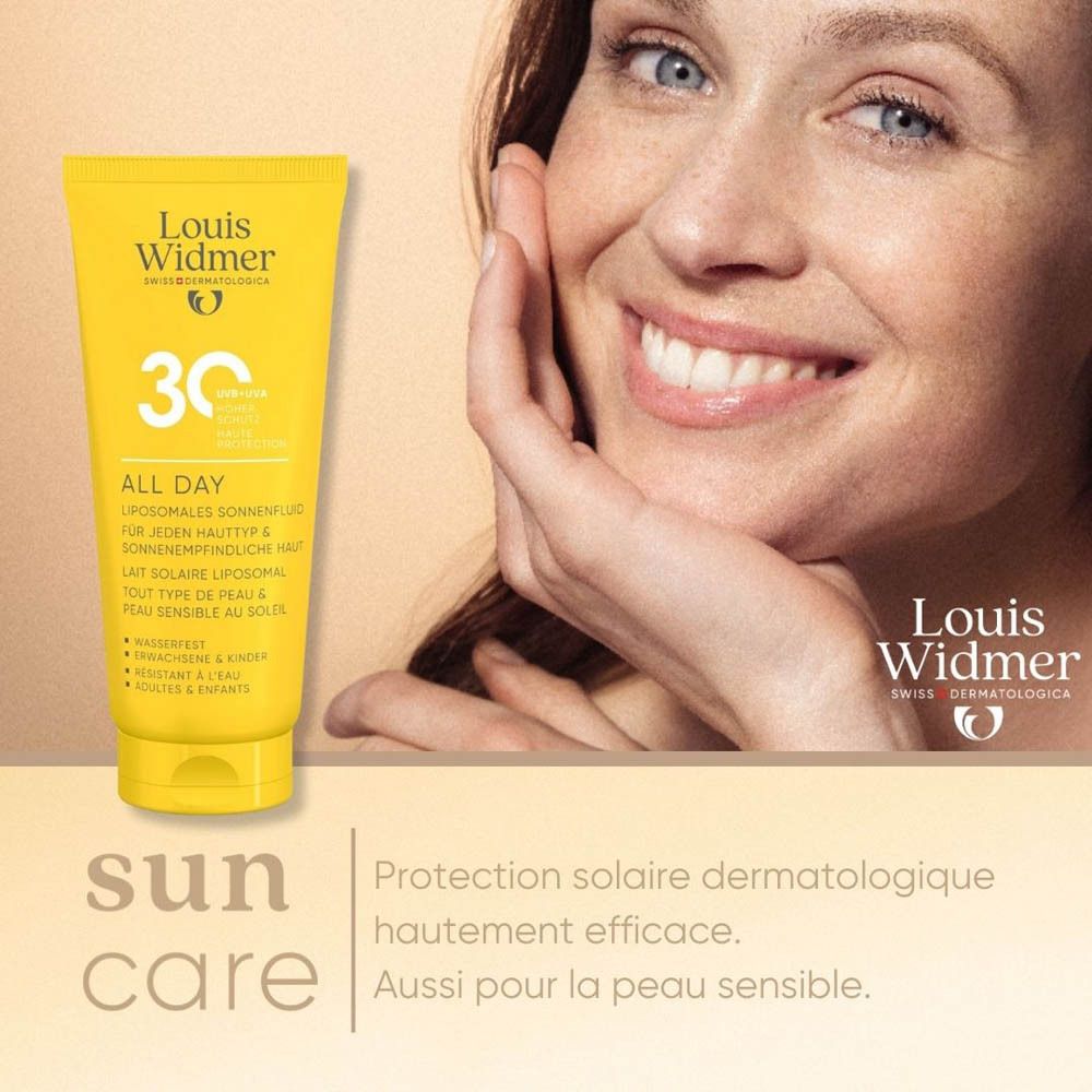 Femme avec tube jaune. Inscription: Louis Widmer, 30, All Day. Texte: sun care, protection peau sensible.