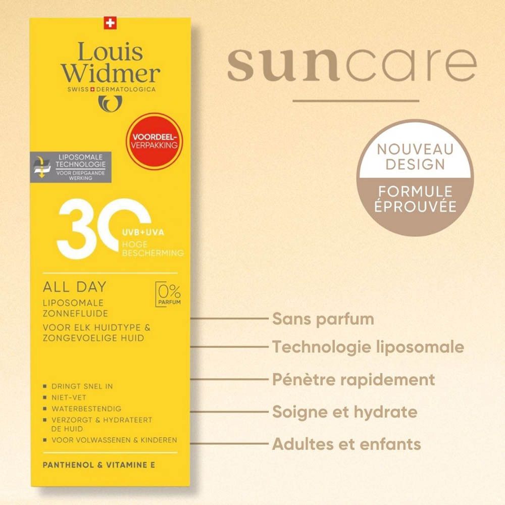 Boîte jaune et texte. Inscription: Louis Widmer, 30, All Day. Texte: sun care, nouvelle formule.