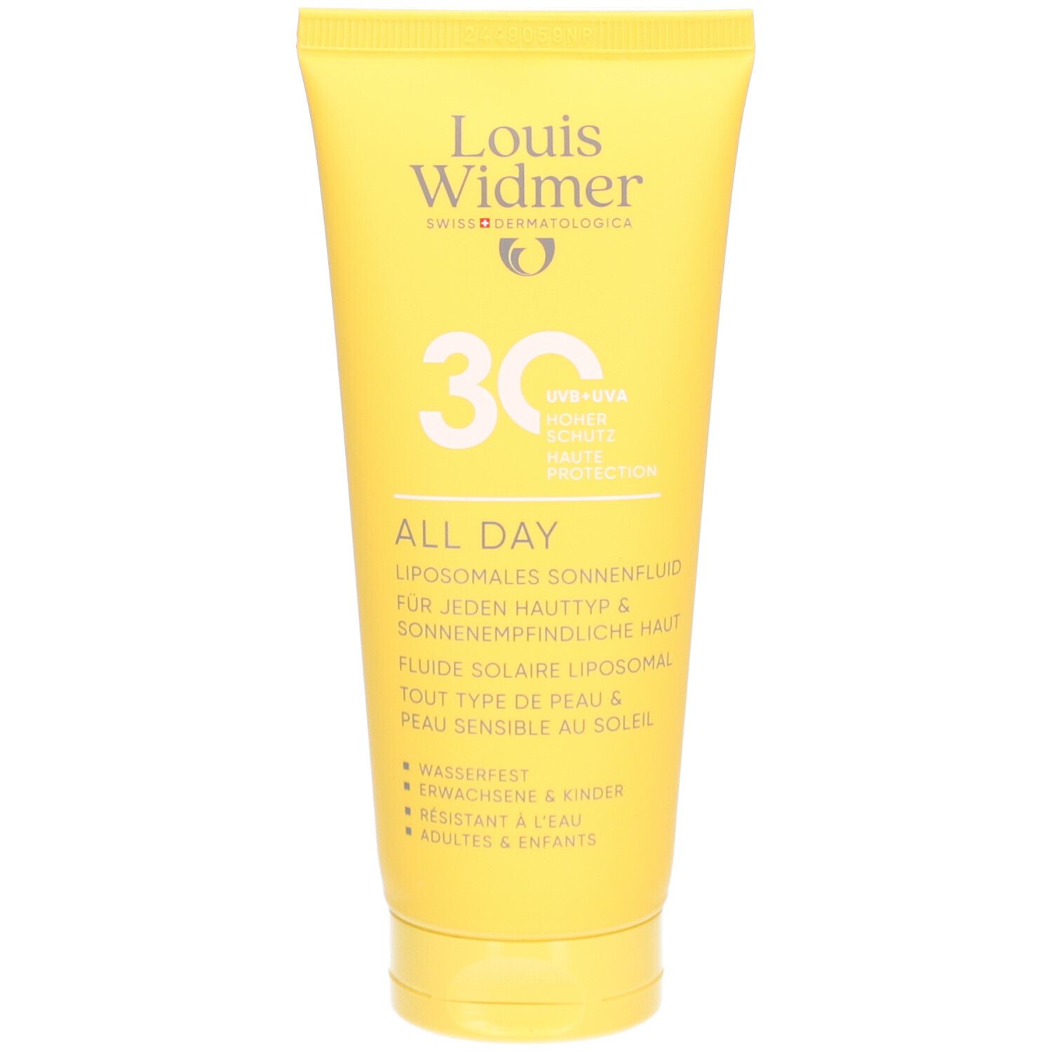 Gelbe Tube Louis Widmer® Sonnenpflege All Day 30. Text und Logo. 30, UVB+UVA, All Day, Sonnenfluid.