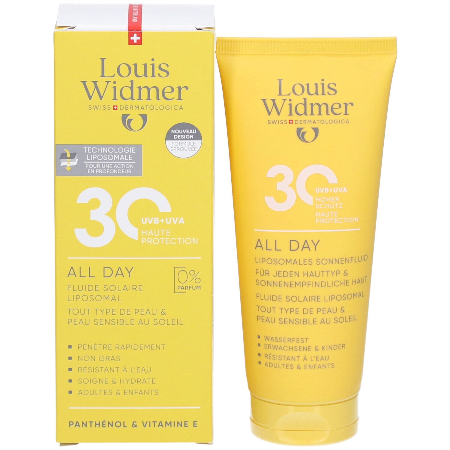 Louis Widmer® Sonnenpflege All Day 30, Tube und Schachtel. 30, UVB+UVA, All Day, Sonnenfluid. Logo und Text.