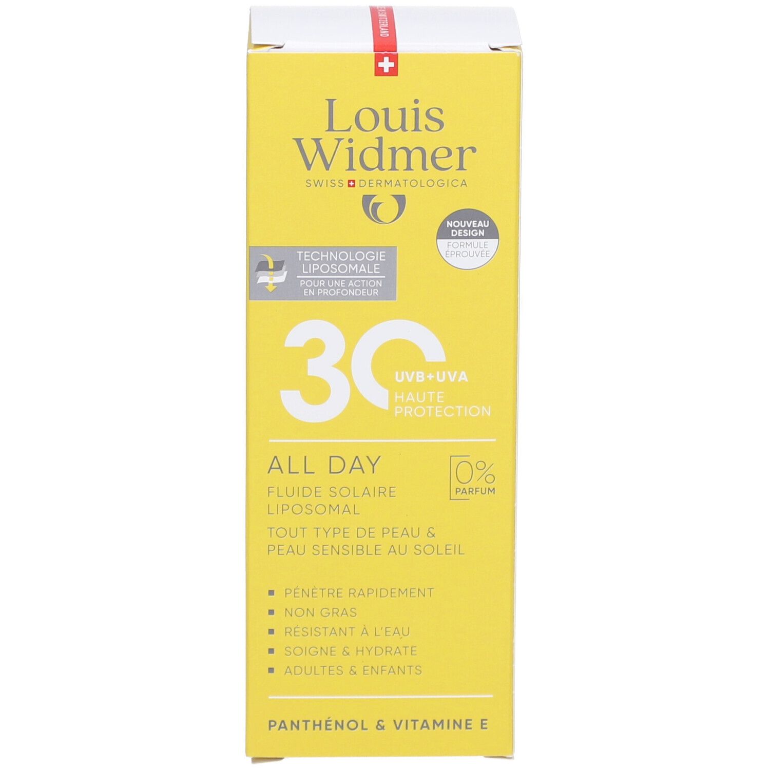 Gelbe Schachtel Louis Widmer® Sonnenpflege All Day 30. Logo, Text, 30, UVB+UVA, All Day, Sonnenfluid.
