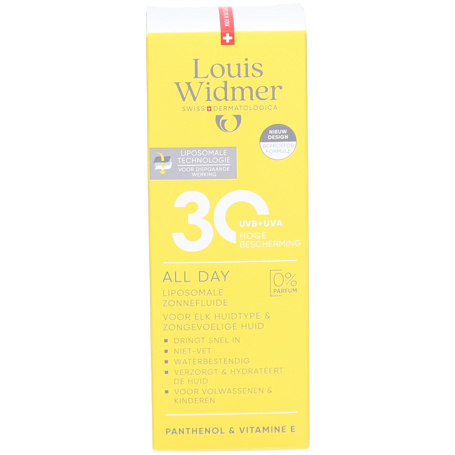 Gelbe Schachtel Louis Widmer® Sonnenpflege All Day 30. Text, Logo, 30, UVB+UVA, All Day, Sonnenfluid.