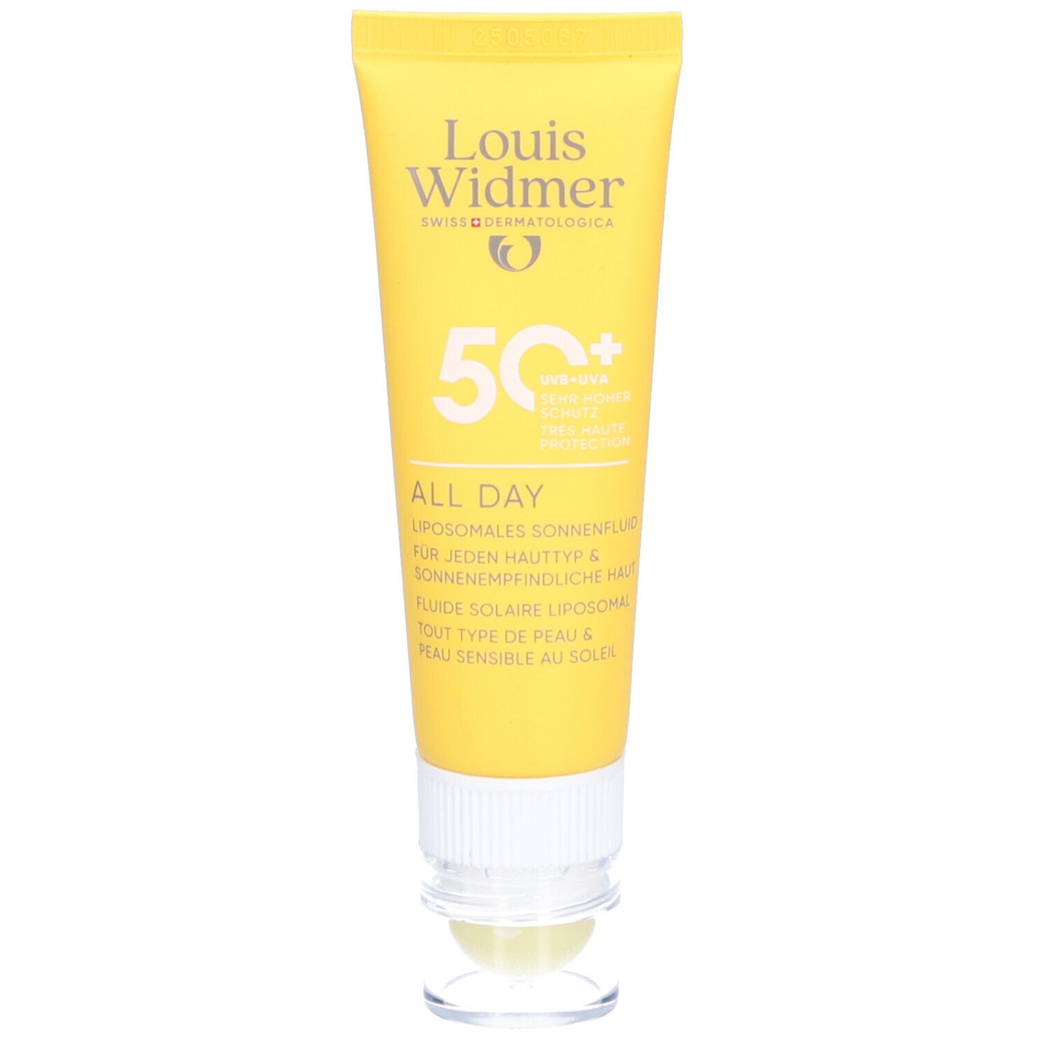 Gelbe Tube mit weißem Verschluss. Aufschrift: Louis Widmer, 50+, All Day, liposomale Sonnenfluide.