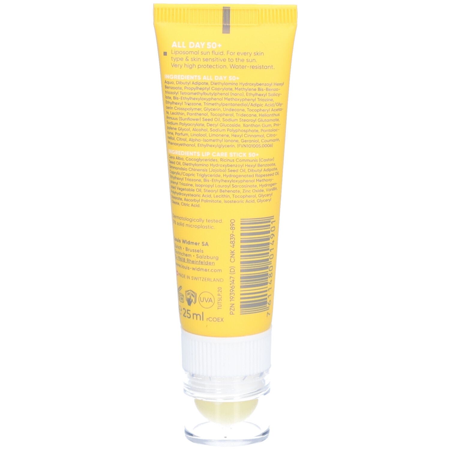 Rückseite der gelben Tube. Text mit Inhaltsstoffen und Informationen. 25 ml.
