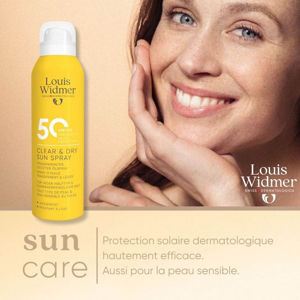 Femme avec flacon. Inscription: Louis Widmer, 50, Clear & Dry Sun Spray. Texte: sun care.