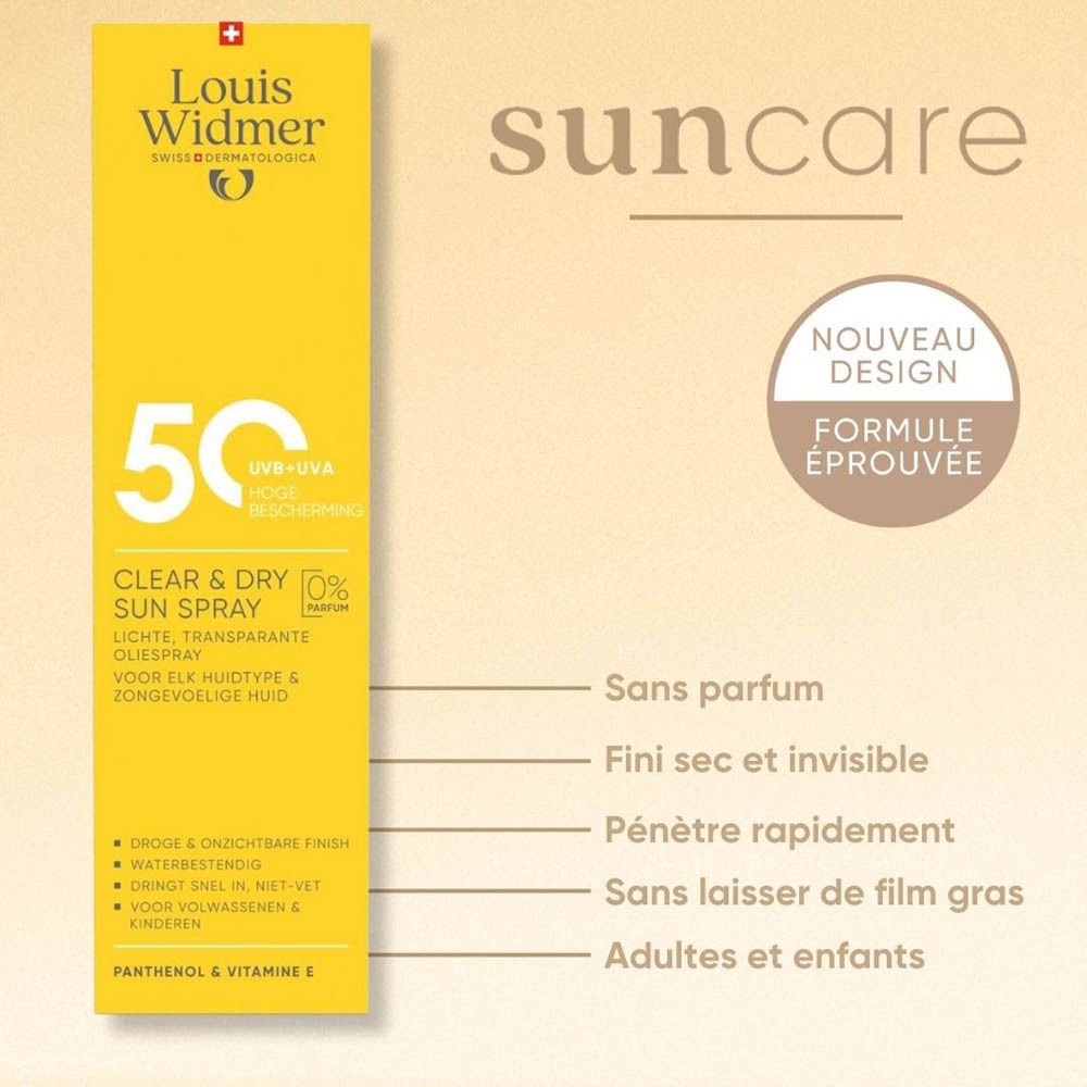 Image du produit avec texte. Inscription: Louis Widmer, 50, Clear & Dry Sun Spray. Texte: sun care.