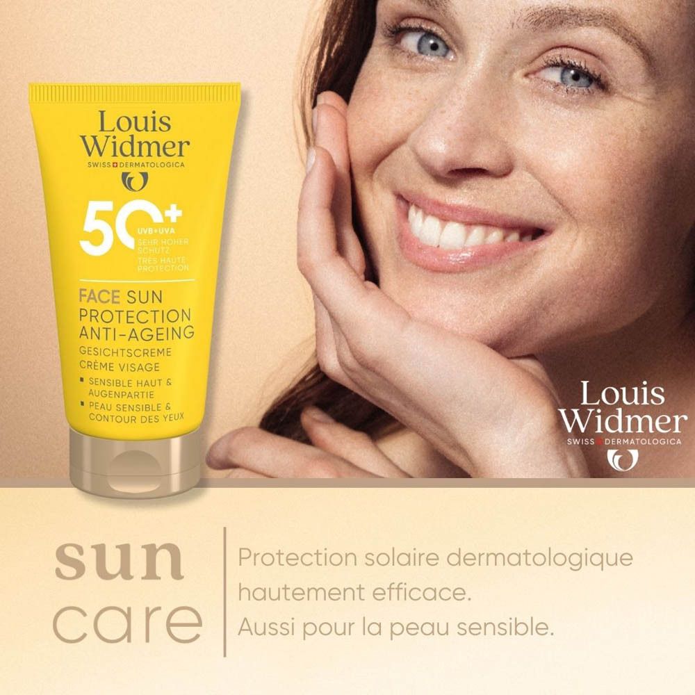Tube jaune de crème solaire. Inscription: Louis Widmer, 50+ SPF, Face Sun Protection Anti-Ageing. Pour peaux sensibles.