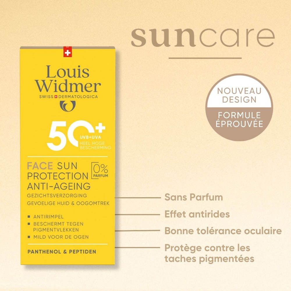 Tube jaune de crème solaire. Inscription: Louis Widmer, 50+ SPF, Face Sun Protection Anti-Ageing. Pour peaux sensibles.