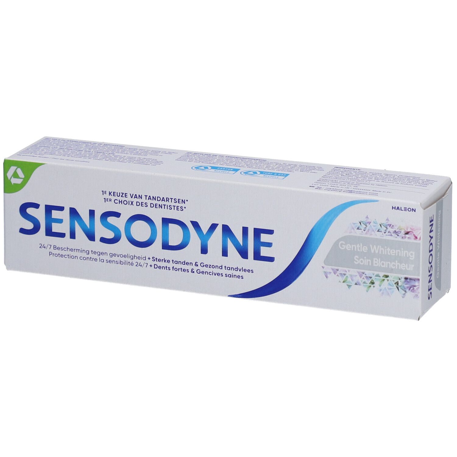 Zahnpasta-Schachtel. Sensodyne-Logo, blaue Welle. Aufschrift: Gentle Whitening. Grün-Logo.