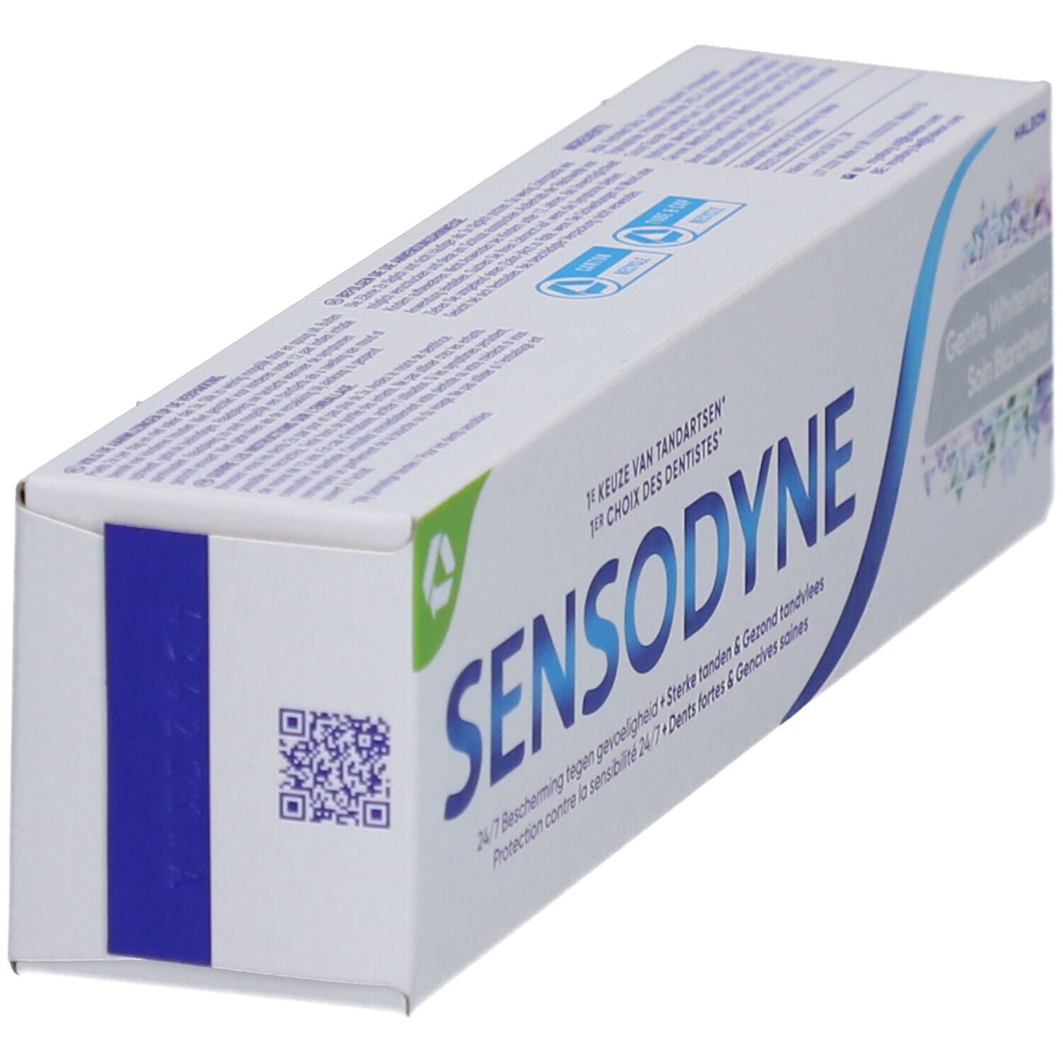 Zahnpasta-Schachtel. Sensodyne-Logo, blaue Welle. Aufschrift: Gentle Whitening. QR-Code und grünes Logo.