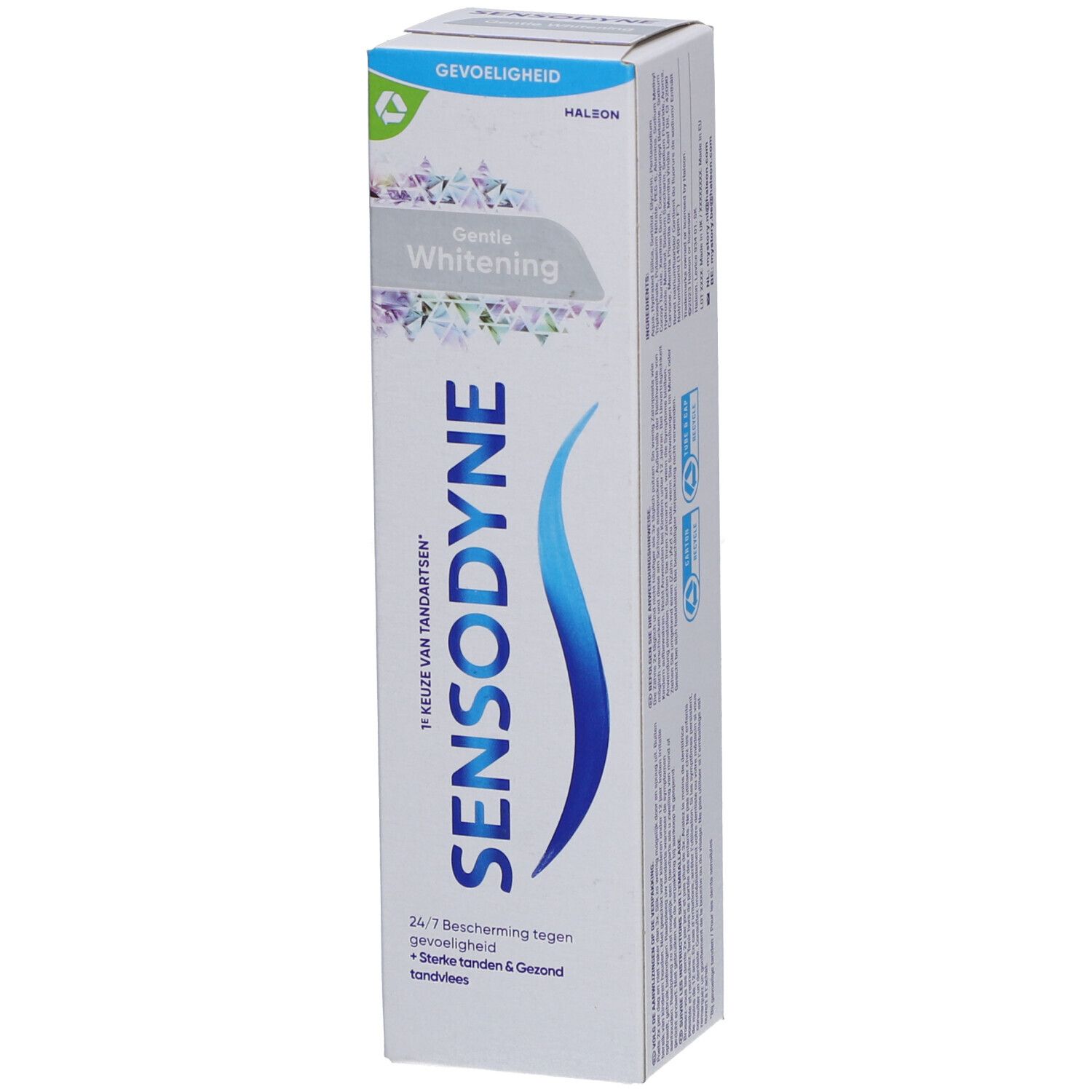 Zahnpasta-Schachtel. Sensodyne-Logo, blaue Welle. Aufschrift: Gentle Whitening. Grünes Logo.