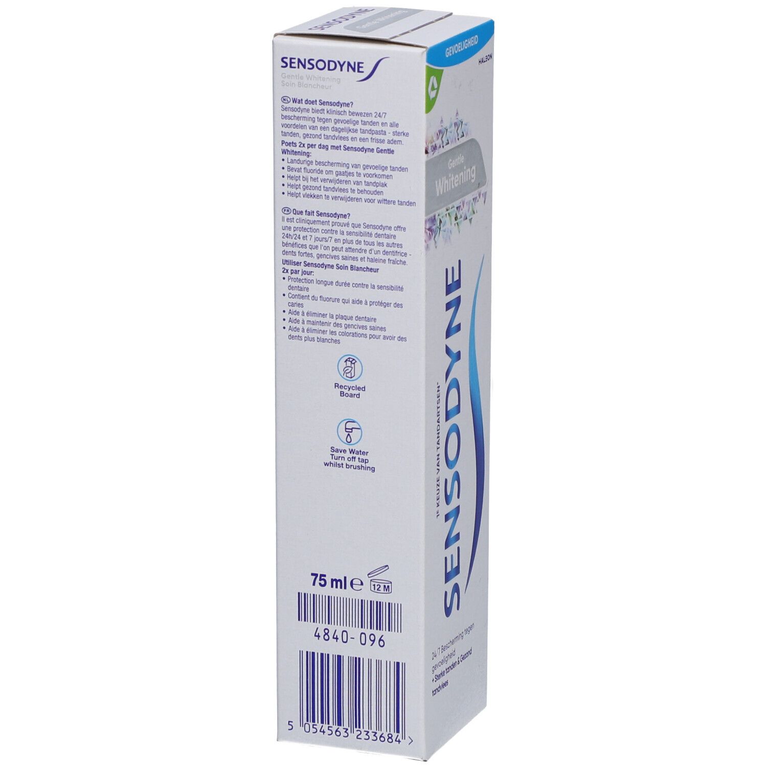 Zahnpasta-Schachtel. Sensodyne-Logo, blaue Welle. Aufschrift: Gentle Whitening. 75 ml. Grünes Logo.
