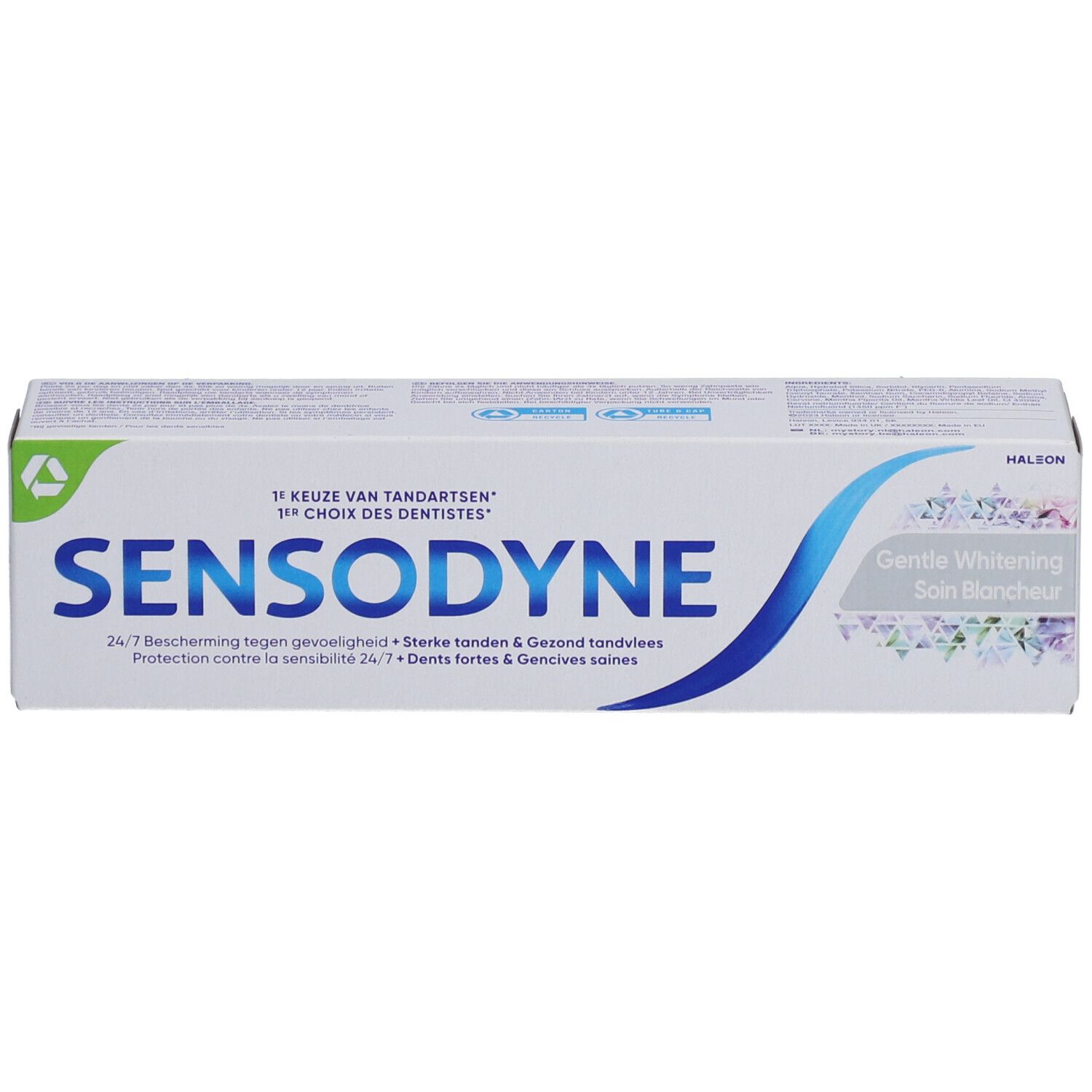 Zahnpasta-Schachtel. Sensodyne-Logo, blaue Welle. Aufschrift: Gentle Whitening. Grünes Logo.