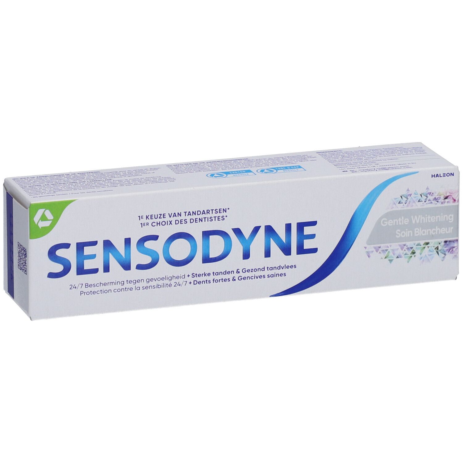 Zahnpasta-Schachtel. Sensodyne-Logo, blaue Welle. Aufschrift: Gentle Whitening. Grünes Logo.